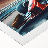 Art deco poster featuring a vibrant array of race cars, printed on rolled canvas, suitable for dining room wall art.