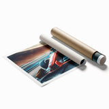 Extra large rolled print featuring a dynamic car race, vivid primary colors, great for modern living room decor.