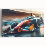 Black and white photo of vintage race cars on a stretched canvas, suitable for kitchen wall art.