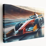 Side view of race cars in motion on a stretched canvas, featuring vibrant primary colors, suitable for kitchen wall art.