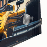 Mid-century modernist race cars in vivid colors on large acrylic glass, ideal for dining room art.