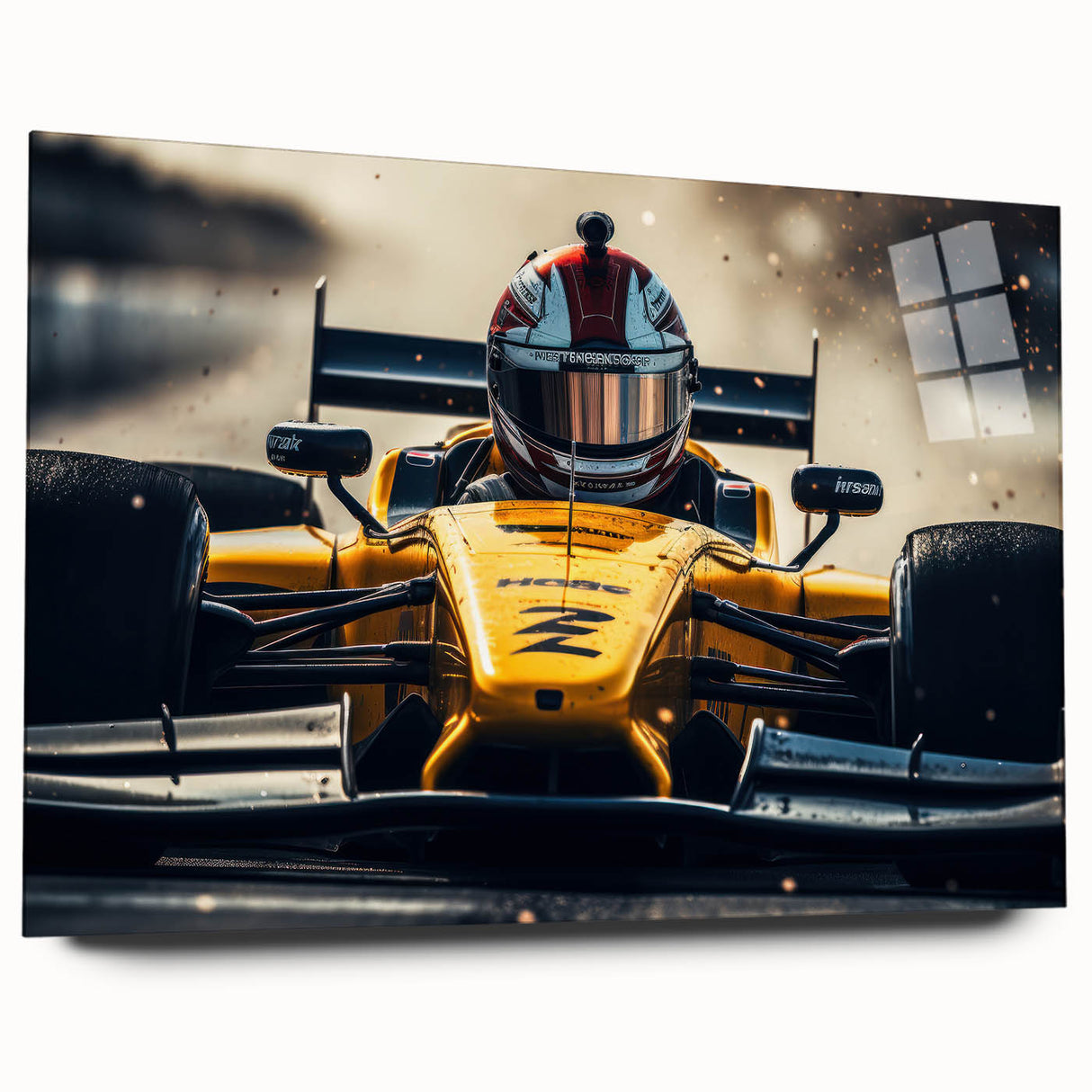 Acrylic print of race cars in motion, featuring vibrant red and blue hues, ideal for bedroom or dining room art.
