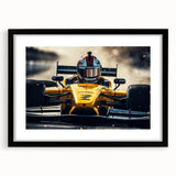 Extra large abstract art print featuring a colorful, textured depiction of race cars, framed with a black mat.
