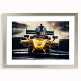 Textured art print of abstract race cars in vibrant red and blue on a silver-framed mat, suitable for bedroom decor.
