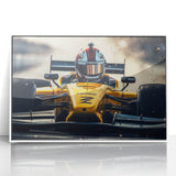 Art deco poster of race cars in motion on acrylic, vibrant colors in a white frame, suitable for modern nursery wall decor.