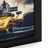 Extra large framed canvas featuring a close-up of colorful race cars on a black background, textured.