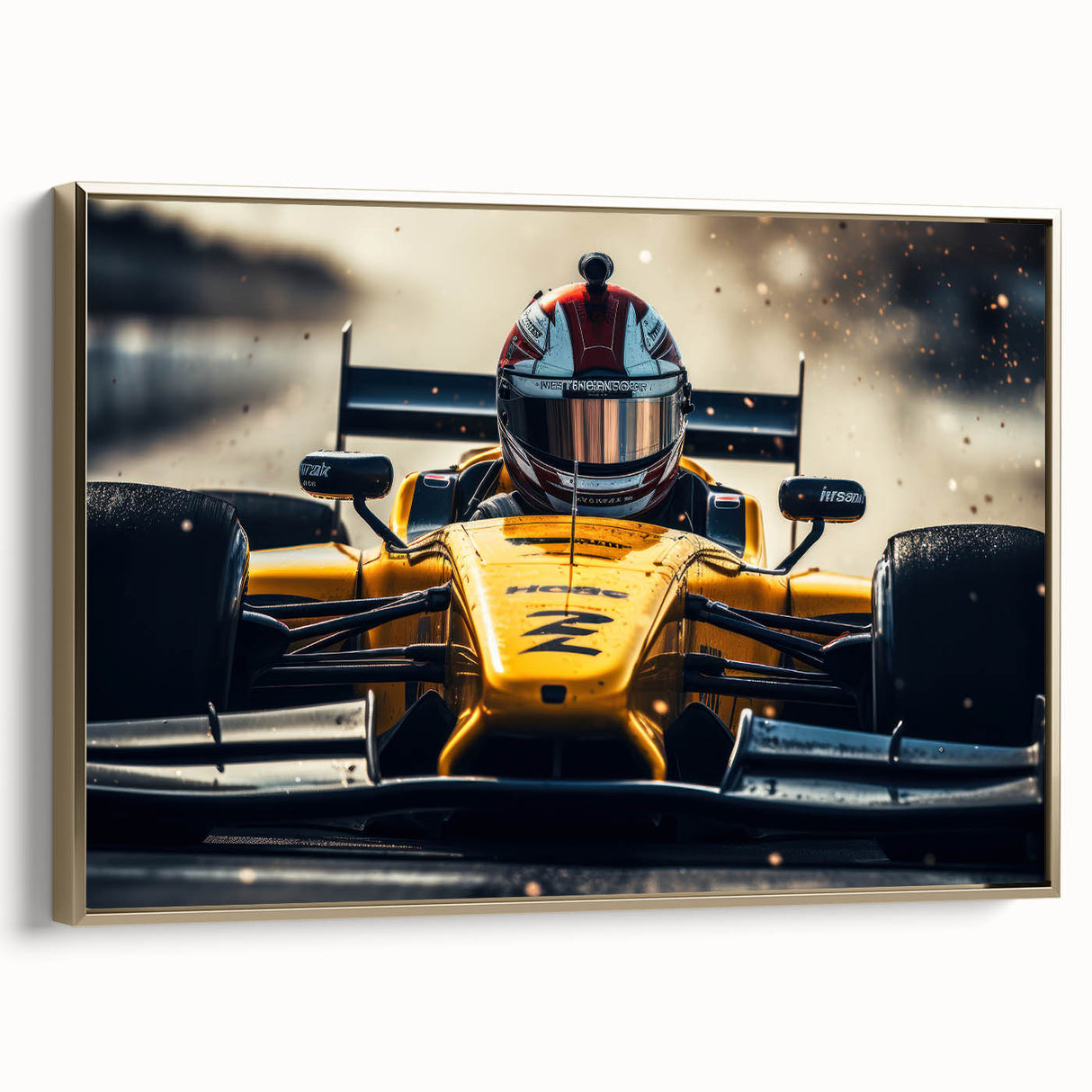 Vintage poster art of gold race cars in landscape format on a black background, framed canvas, ideal for bedroom wall decor.