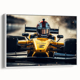 Vintage poster art of colorful race cars on a black background, framed canvas, ideal for living room decor.