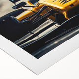 Art deco poster of race cars in vibrant colors on rolled canvas, suitable for dining room wall art.