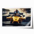 Rolled print of race cars in motion, using bright primary colors, suitable for art wall dining room.