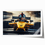Rolled print of race cars in motion, using bright primary colors, suitable for art wall dining room.
