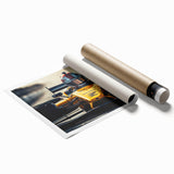 Extra large rolled print depicting a series of race cars, in vibrant red and blue tones.