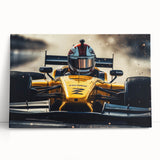 Black and white photograph of race cars in motion, printed on large stretched canvas, suitable for kitchen wall art.