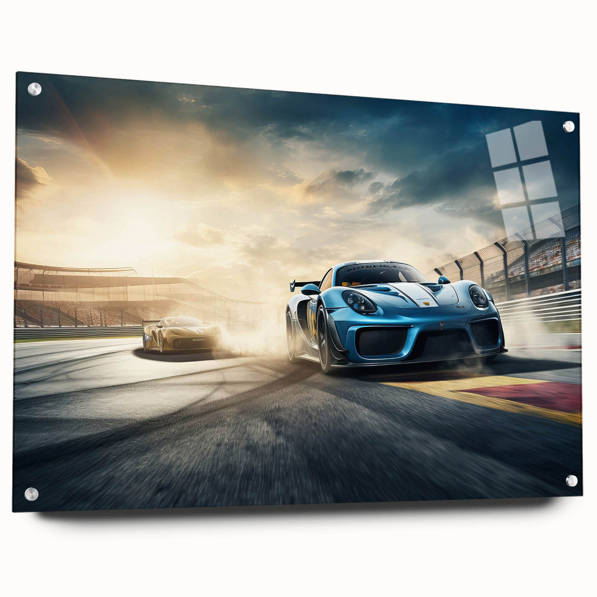 Side view of race cars in motion, depicted in vibrant hues on acrylic glass, suitable for bedroom or dining room decor.