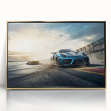 Mid-century modernist race cars in motion, depicted in vibrant primary colors on a gold-framed acrylic print.