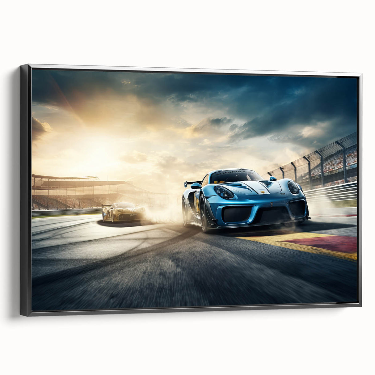 Black and white framed canvas featuring vintage race cars in motion, ideal for bedroom wall decor.