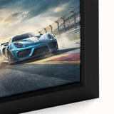 Extra large framed canvas featuring a close-up of colorful race cars on a black background, with a textured finish.