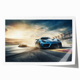 Dynamic race car scene in vibrant red and blue on a rolled canvas, suitable for art wall dining room.
