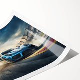 Extra large wall art featuring a dynamic race car scene on rolled canvas, using vivid color tones.