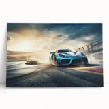 Black and white photo of race cars in motion on stretched canvas, suited for kitchen wall art or bedroom decor.