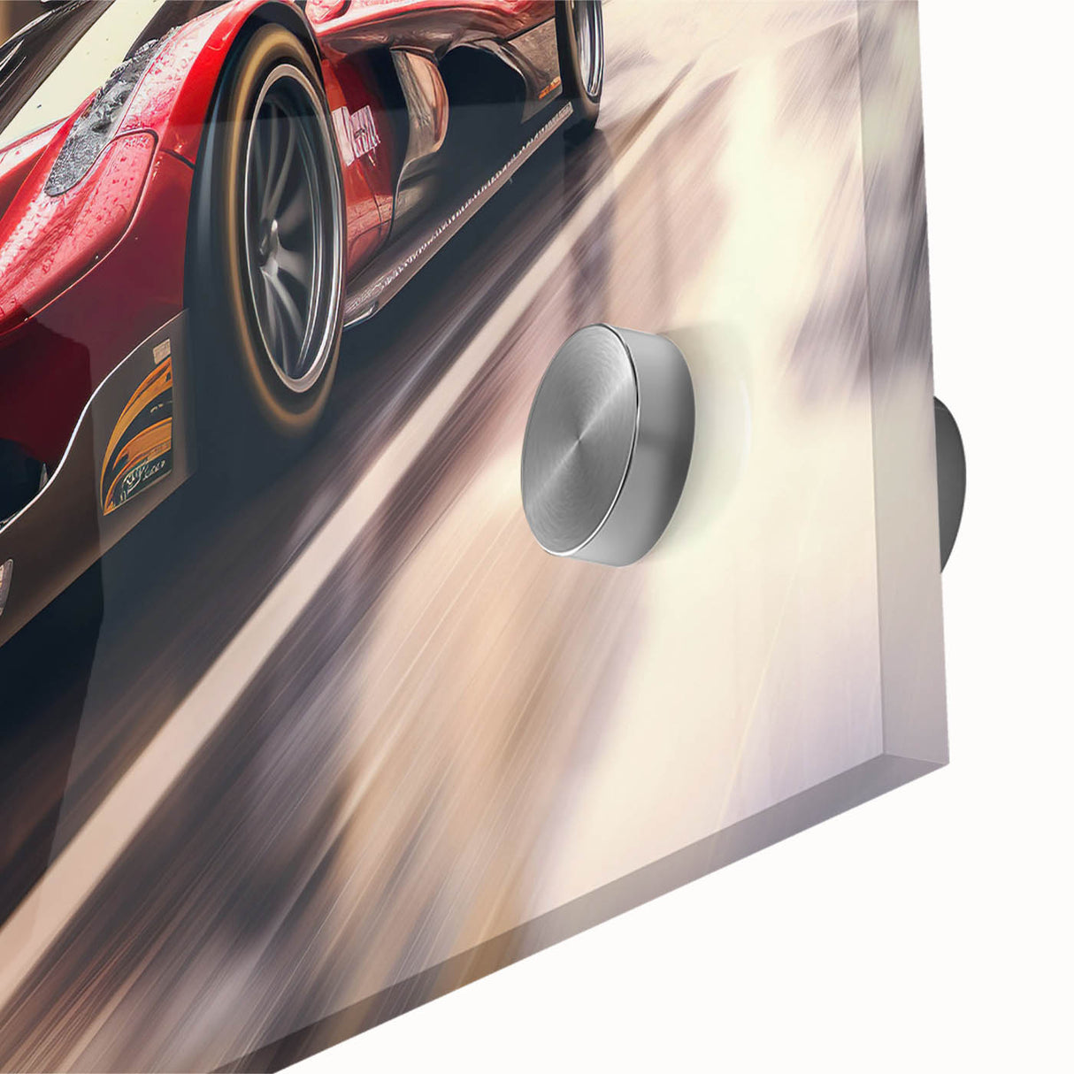 Mid-century modernist race cars in vibrant colors on large acrylic print, ideal for dining room art.