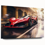 Acrylic print of abstract race cars in vibrant red and blue, ideal for bedroom or dining room art.