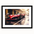Extra large abstract art print featuring colorful race cars, textured style, framed in black, ideal for living room decor.