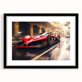 Extra large abstract art print featuring colorful race cars, textured style, framed in black, ideal for living room decor.