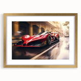 Extra large abstract art print featuring race cars in vibrant colors on a textured canvas, framed in gold.