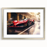 Textured art print of abstract race cars in muted metallic tones, on a silver-framed mat, suitable for bedroom decor.