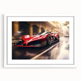 Abstract art print featuring a blur of racing cars in monochrome, framed in white.