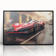 Large abstract wall art featuring a dynamic race car scene in bold black and red, acrylic print framed in black.