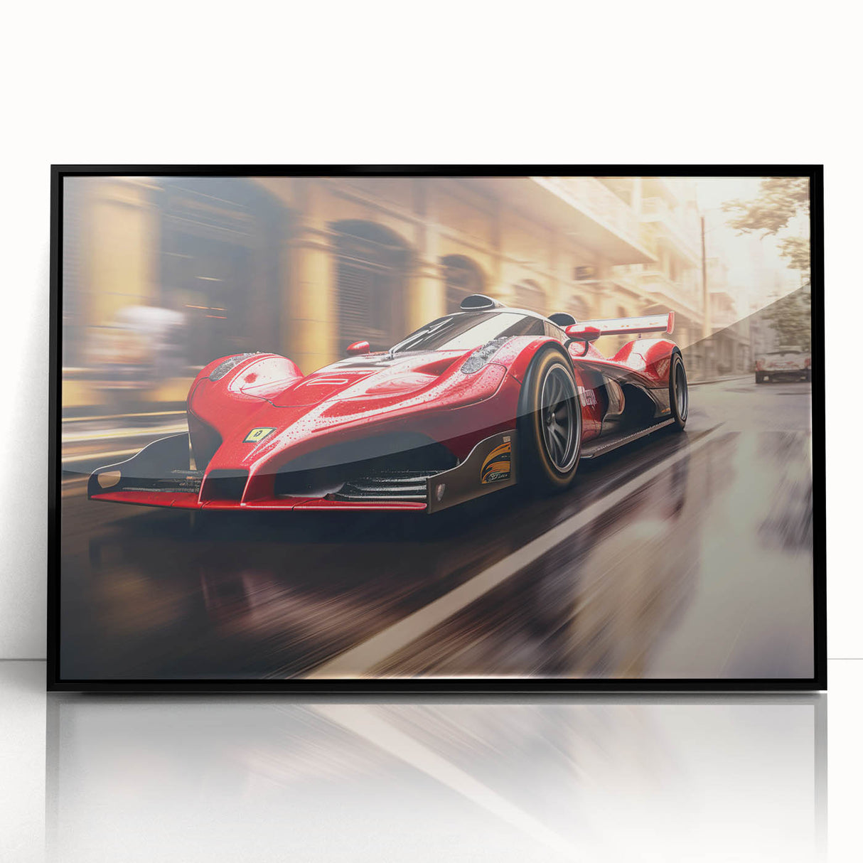 Large abstract wall art featuring a dynamic race car scene in bold black and red, acrylic print framed in black.