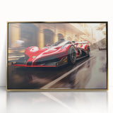 Mid-century modernist race cars in bold primary colors on a gold-framed acrylic print, suitable for modern art wall decor.