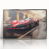 Mid-century modernist art depicting race cars in bold primary colors on a silver-framed acrylic.