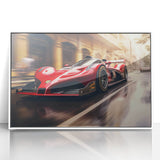 Art deco poster of race cars in motion, using bold primary colors on white acrylic, ideal for modern art wall decor.