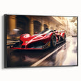 Black and white framed canvas featuring a vintage race car scene, ideal for bedroom wall decor.