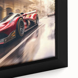 Black wall art featuring a close-up of colorful race cars, textured design on a framed canvas, ideal for living room decor.
