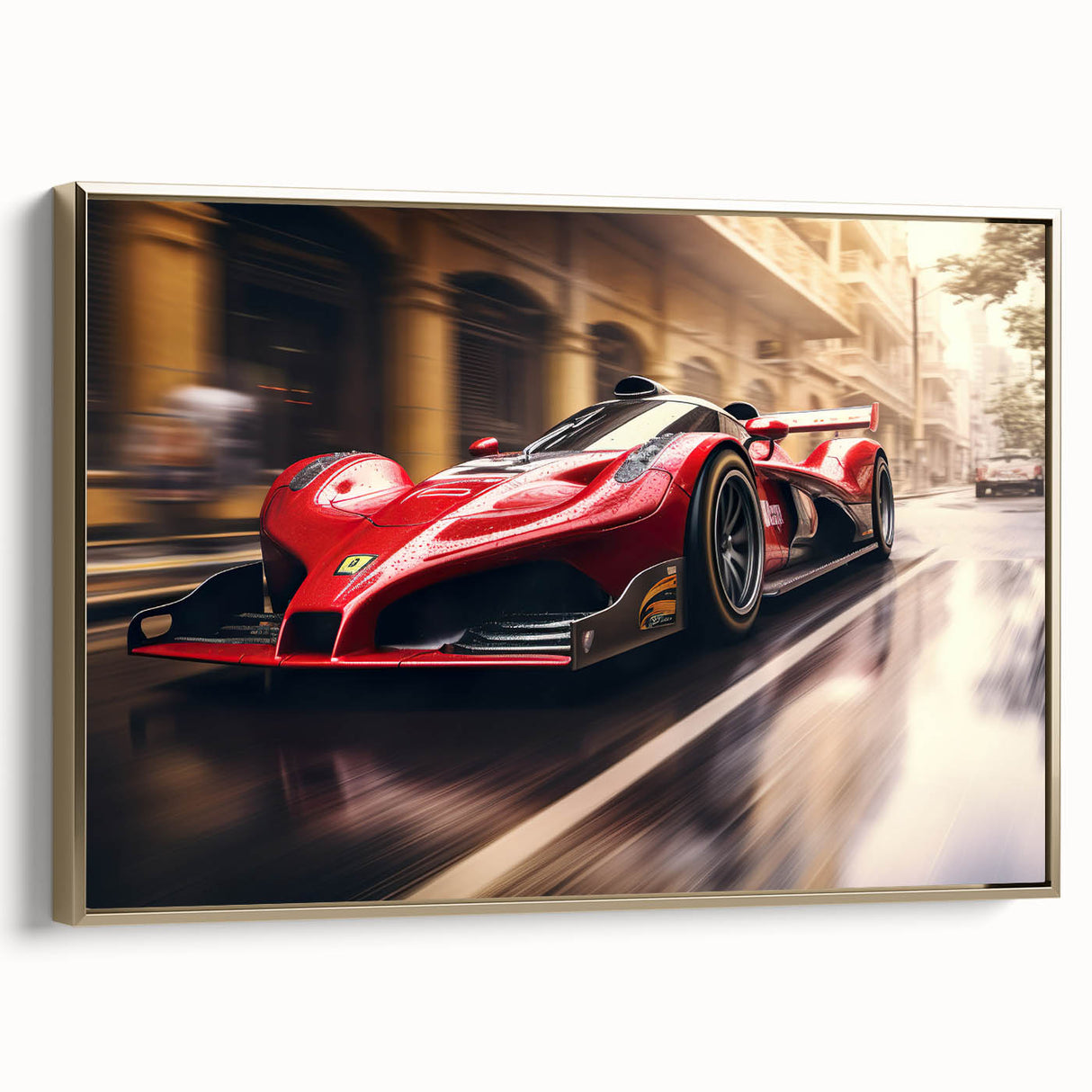 Vintage poster art of classic race cars in black and gold, framed canvas, suitable as wall art for bedroom.