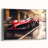 Framed canvas featuring a side view of vintage race cars in colorful and black tones, ideal for a home office or den.