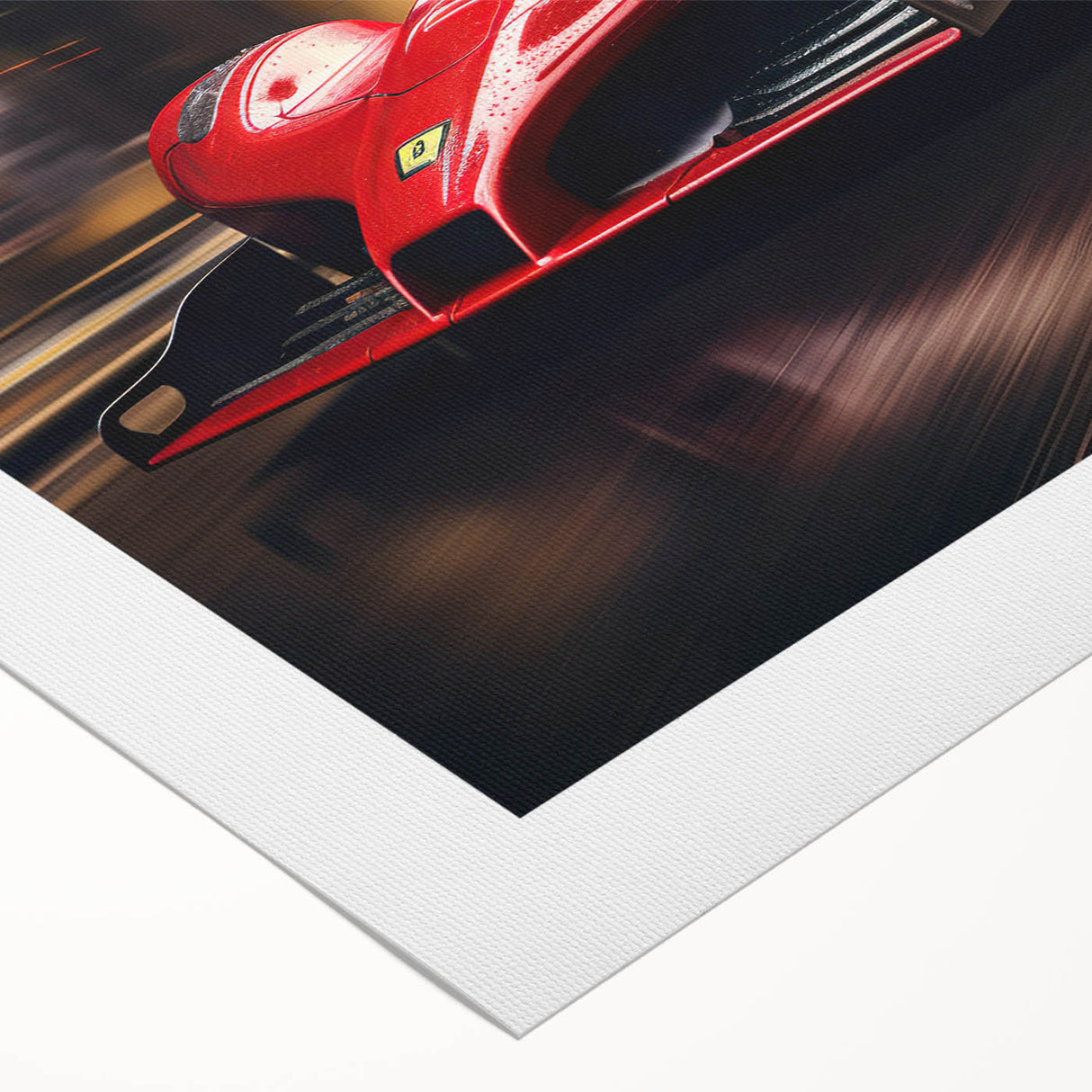 Art deco poster featuring a dynamic race car scene in bold primary colors on rolled canvas, suitable for dining room decor.