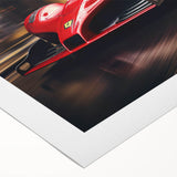 Art deco poster featuring a dynamic race car scene in bold primary colors on rolled canvas, suitable for dining room decor.
