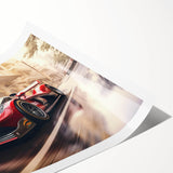 Extra large wall art featuring a collection of race cars in vibrant colors on a rolled print.