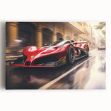Black and white photo of race cars in motion on a stretched canvas, ideal for kitchen wall art.