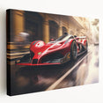 Race cars in motion depicted in vibrant colors on a large stretched canvas, suitable for kitchen wall art.