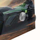 Mid-century modernist race car design in vibrant primary colors on acrylic glass.