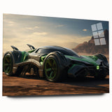 Acrylic print of race cars in motion, featuring vibrant red and blue tones, suitable for bedroom or dining room decor.