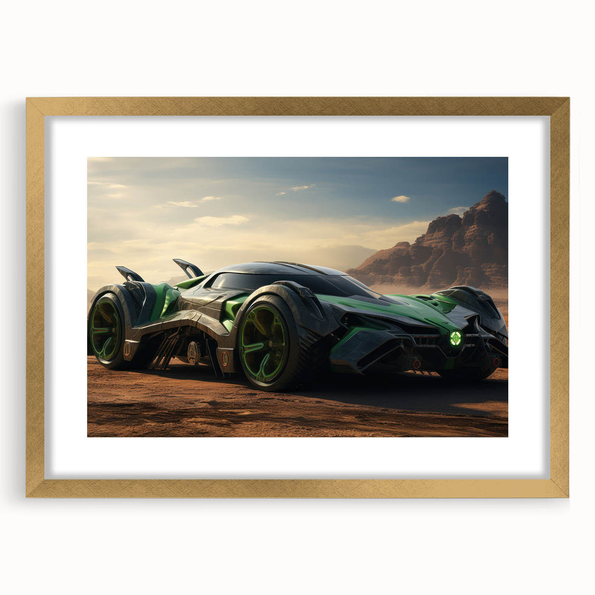 Extra large abstract art print of race cars in motion, using textured vibrant colors on a gold-framed canvas.