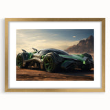 Extra large abstract art print of race cars in motion, using textured vibrant colors on a gold-framed canvas.
