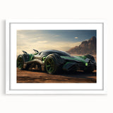 Abstract art print of race cars in motion, using a blend of bright primary colors on a white framed canvas.